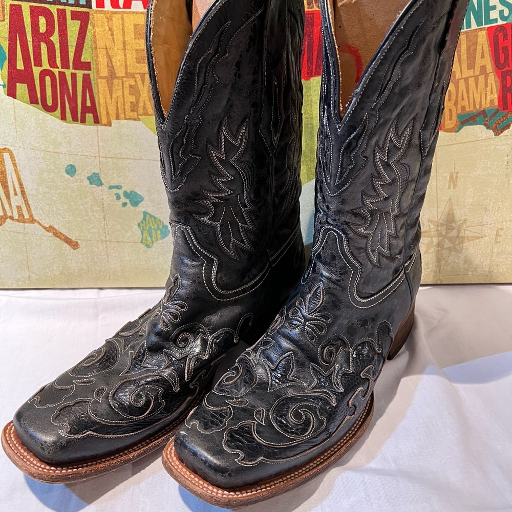 CORRAL Men's Black Python Inlay Tooled Square Toe Cowboy Boots 11D